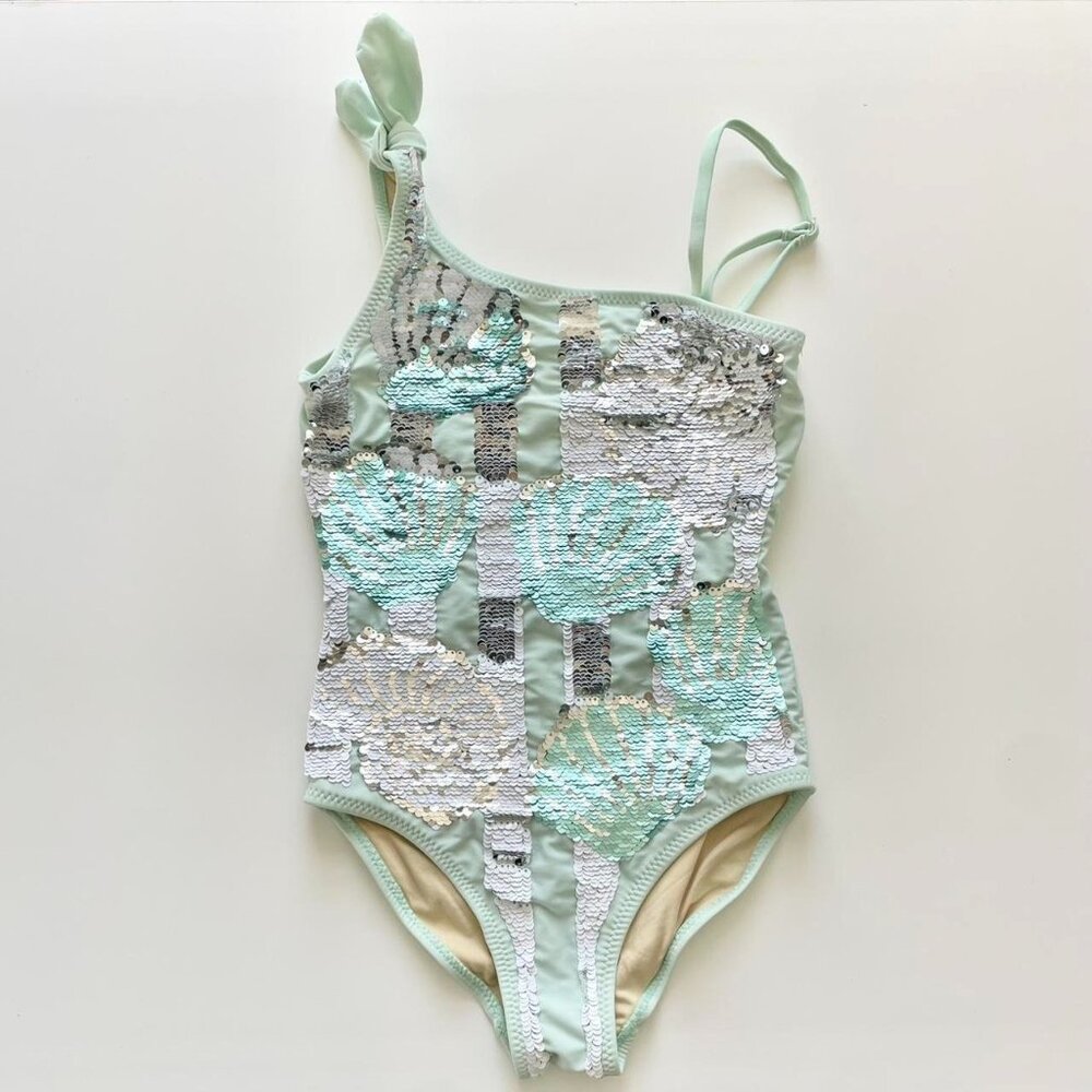 Shade Critters Palm Beach Sequins Flip Mint Shells Girls One Shoulder Swimsuit 8